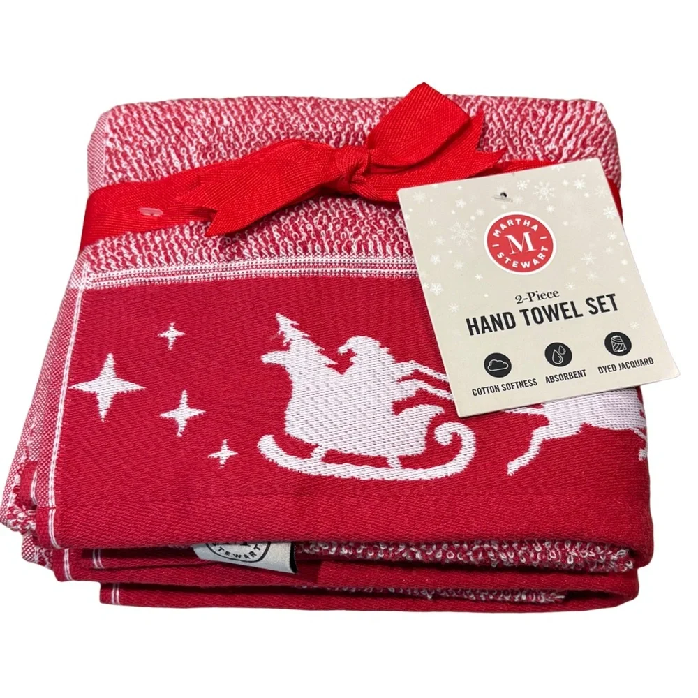 MARTHA STEWART NWT 2pc Santa & sled cotton Christmas hand towels red/white 16x28